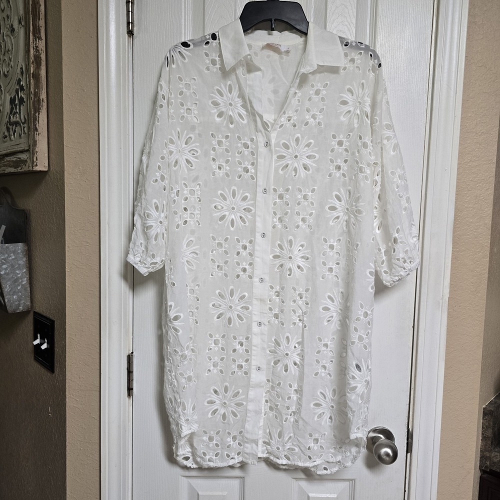 Johnny Was Marilla Eyelet Button Down Shirt Dress White Size S Cotton Silk Blend